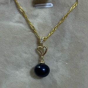 14K Gold Plated Black Tahitian Heart Pendant Necklace 22”